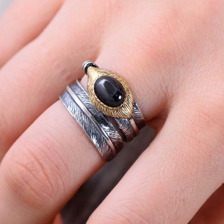 Black Onyx Oxidized Feather 925 Sterling Silver Adjustable Ring (052639BLACK)