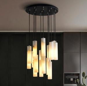 China Luxury lighting fixturesArt creative designer alabaster chandelier hotel lobby dining room long strip marble pendant lig factory
