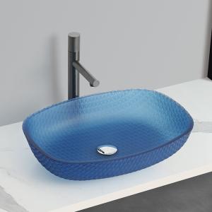 China Acid Matt Blue Vessel Basin Sinks 540*395*110mm 1 Hole Glass Basin factory