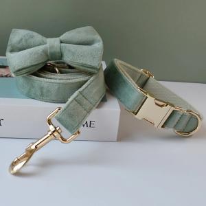 China Luxury Nylon Dog Collar Leash With Bow Tie Gold Metal Bbuckles Adjustable Pet Supplies factory