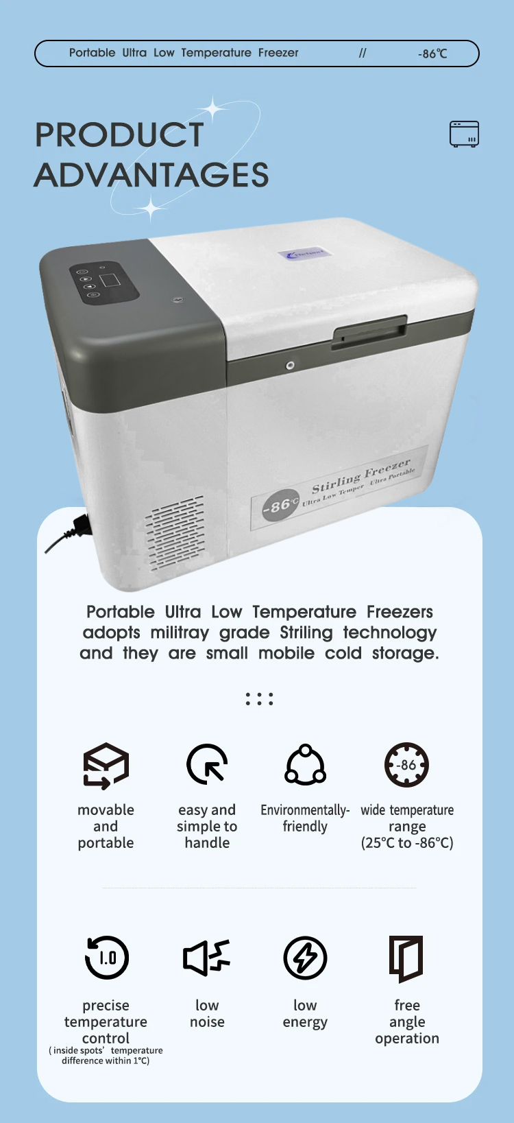 -86C Degree 25L Mini Medical Freezer for Vaccine Transport Portable and High Capacity