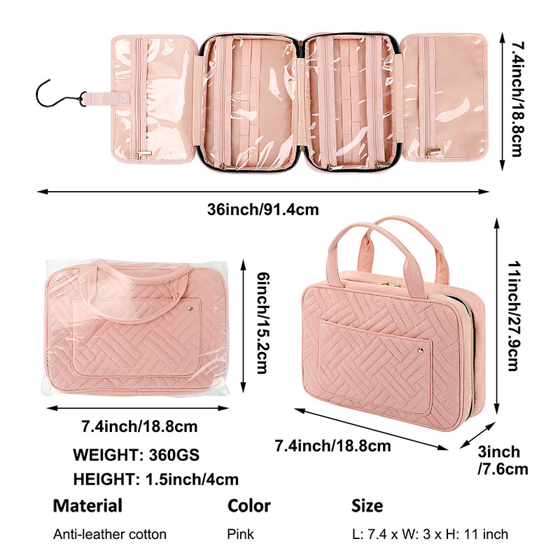 Hanging Custom Toiletry Bag Travel Pink Camping Carry On 7.4x3x11 Inch