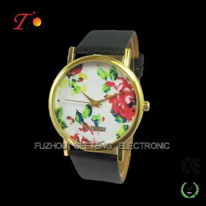 China Vogue and classic design colorful leather band for women with flower rose dial factory