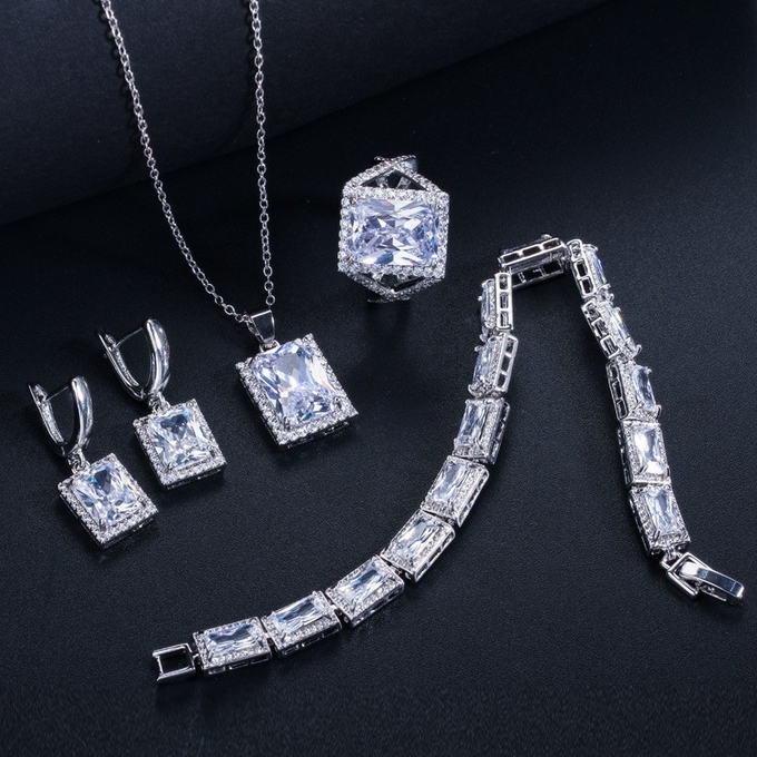 White Gold Color Luxury Bridal CZ Crystal Necklace and Earring Sets Big Wedding Jewelry Sets For Brides