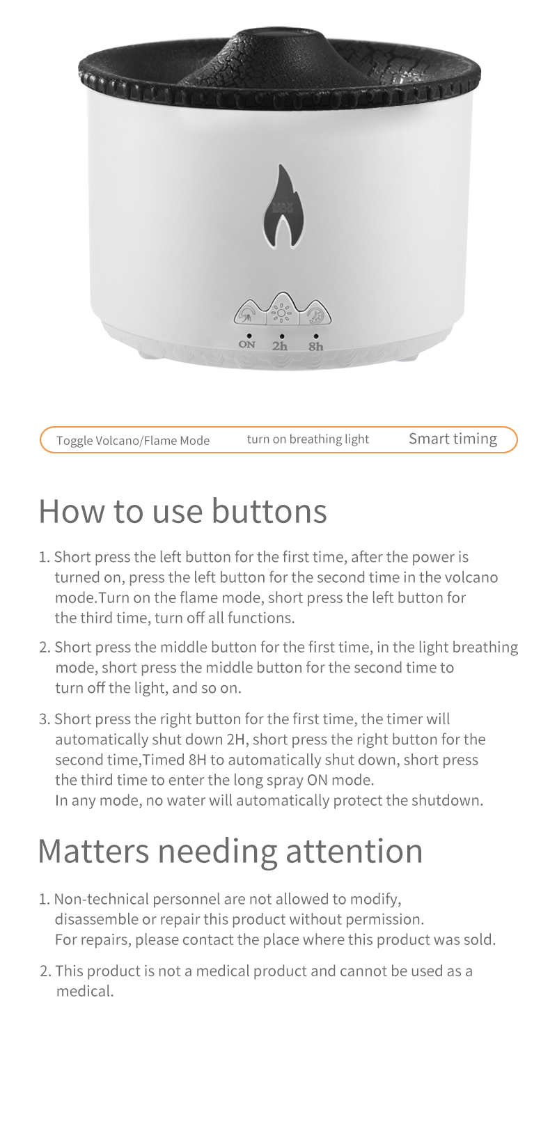 350ML Capacity 3D Flame Effect Volcano Air Humidifier Aroma Diffuser for Home Fragrance