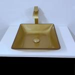 400m Washroom Basin Sink Square Vessel Smooth Brushed Gold Tempered Glass