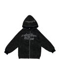 Black Vintage Rhinestone Hoodie Distressed Embroidery Patch 220 Grams Heavyweigh