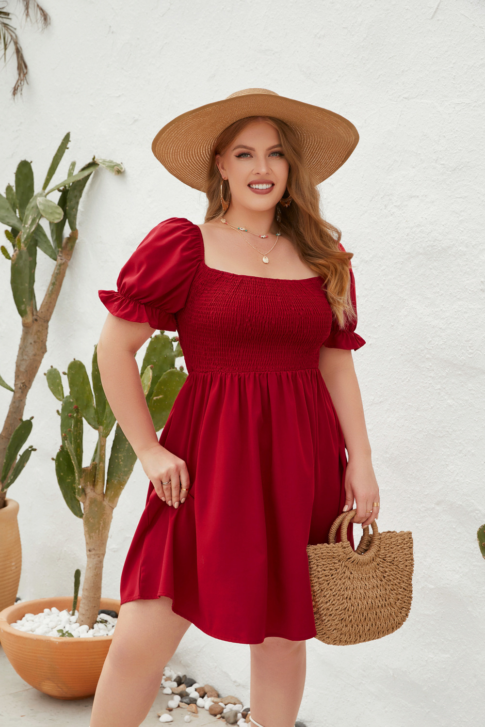Large Size Women&prime;s Large Size Solid Color Leisure Holiday Dress Travel Square Collar Play Wrap Bubble Sleeve Dress