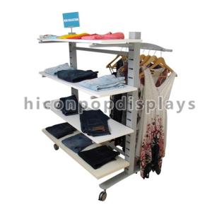 China 4 Caster Clothing Store Fixtures Double Sided Wood Shelves Slatwall Clothing Rack on sale