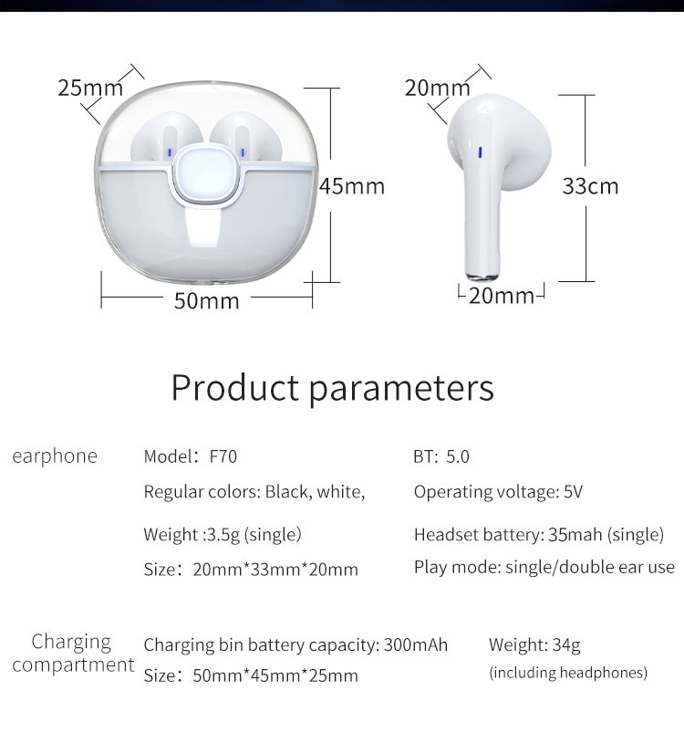 F70 Smart Mini Bluetooth Earphone with Noise Cancellation 35mAh