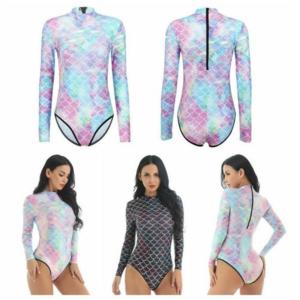 China High Stretchy Mermaid Tail Swimsuit High Neck Long Sleeve Colorful Fish Scales Pattern factory