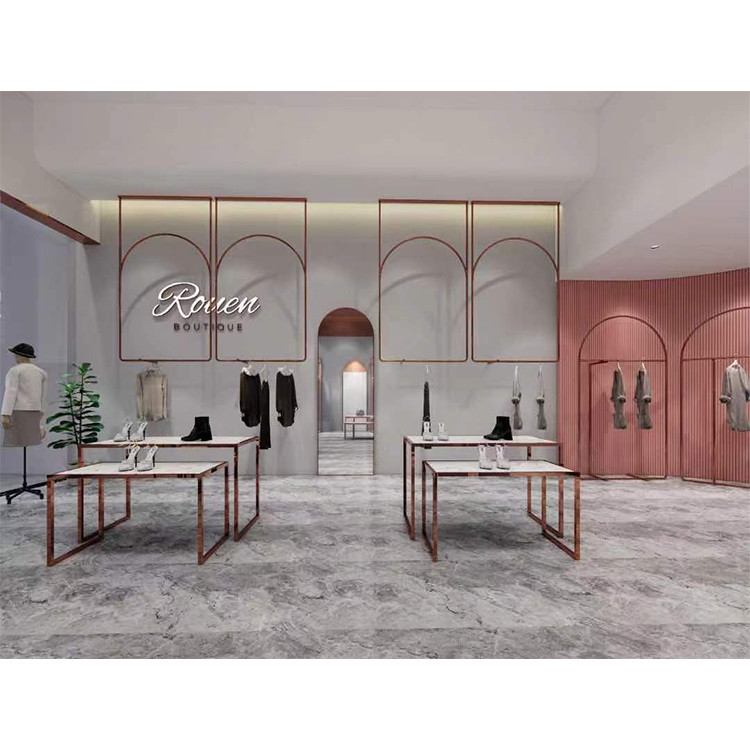 Customized Gold Color Clothing Shop Fitting Garment Booth Display