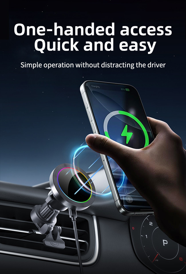 Aluminium Alloy Texture RGB Light Effect Adjustable Magsafe Wireless Charger For Car Phone Holder Fast Charging One Hand Operation