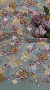 China 3D Flower Lace Fabric Mesh Lace For Gowns 100% Polyester Colorful Sequin Embroidered Fabric factory