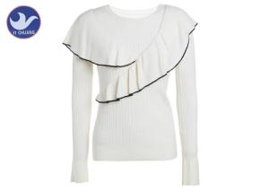 China Cross Flouncing Womens Knit Pullover Sweater Crew Neck Constrast Color Edge factory