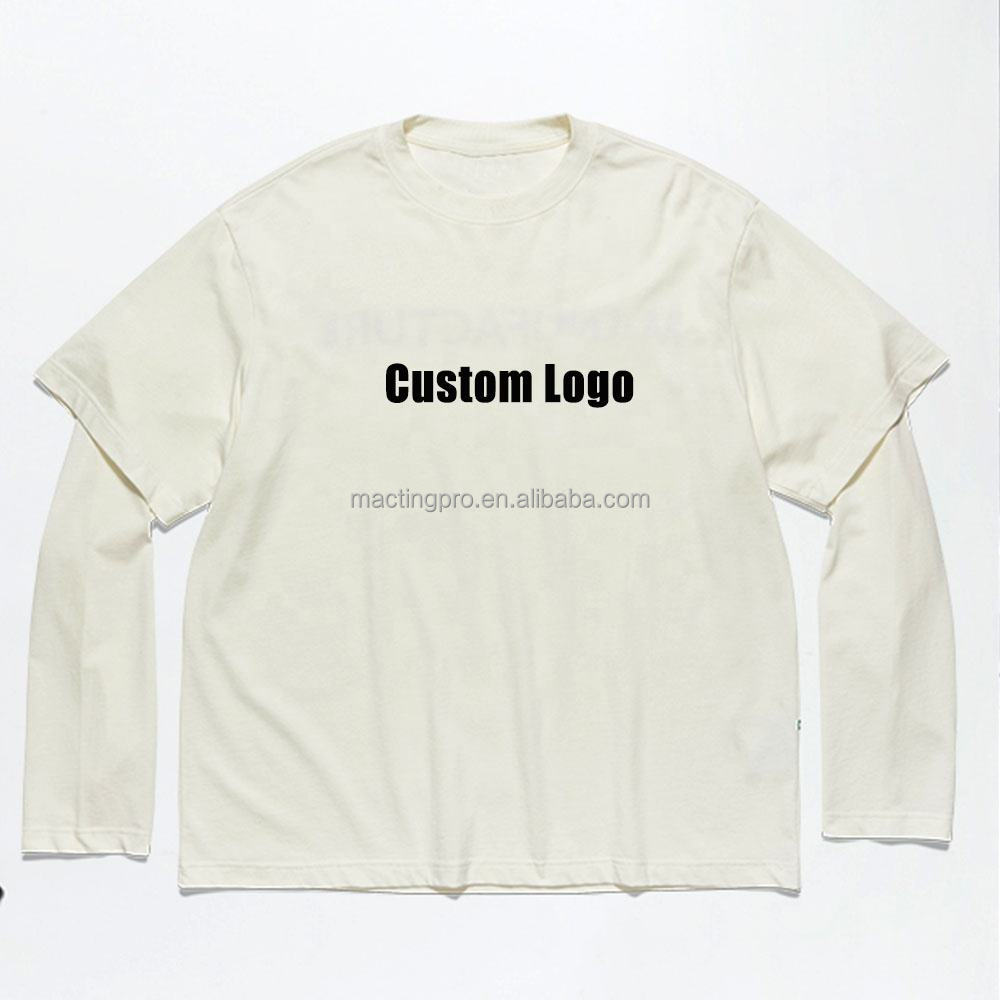Graphic Printing Acid Stone Wash Vintage Double Layer Long Sleeve T Shirt for Men