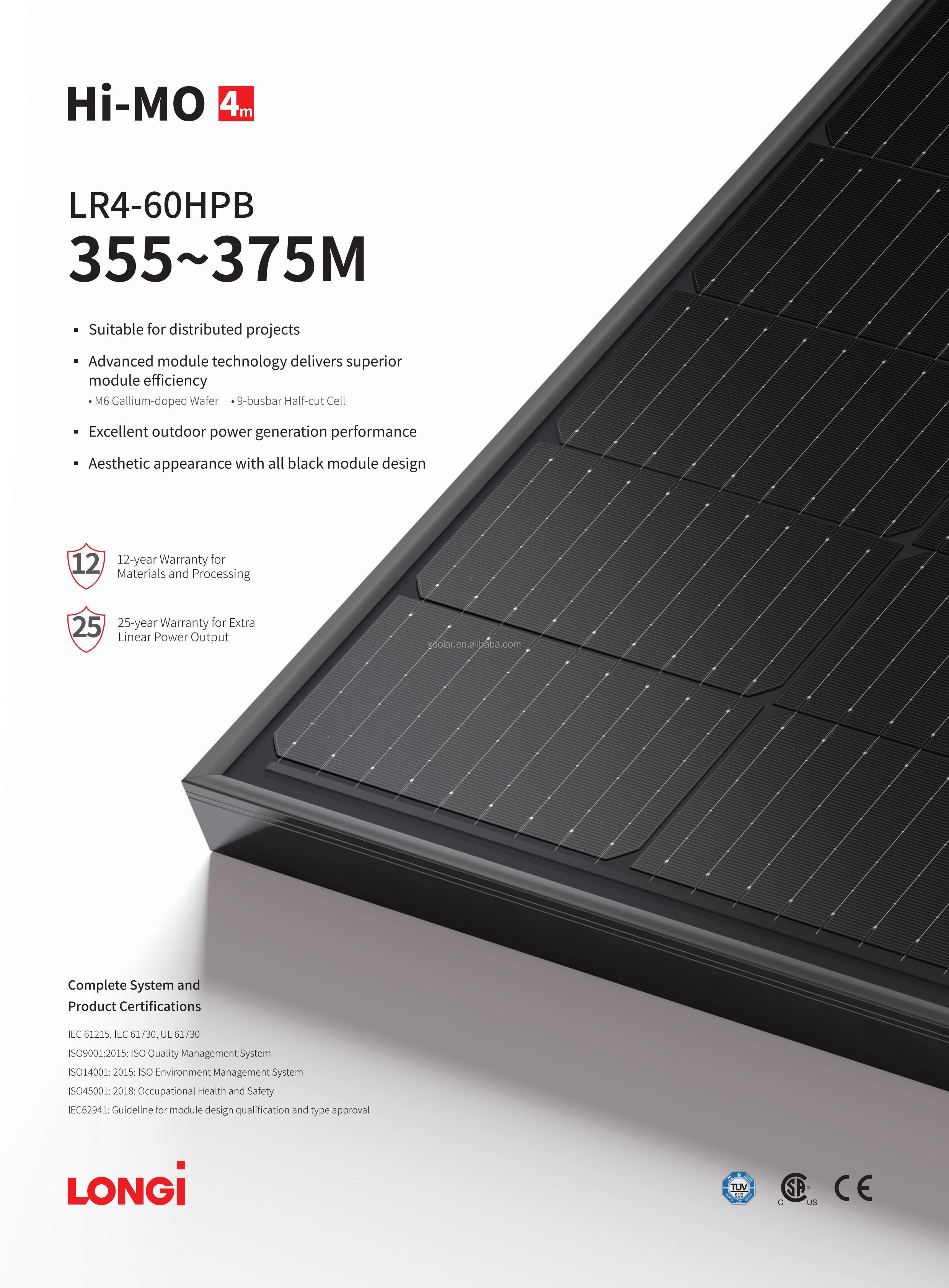 LONGi Hi-MO 4m LR4-60HPB 355-375M M6 9BB Half Cell Black Frame Solar Panels 9BB Technology