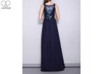 Sequins Navy Blue A Line Dress V Neck Sleeveless With High Slit Chiffon Fabric