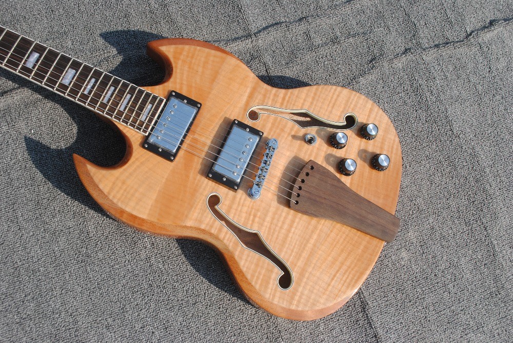 High quality custom 6 string electric guitar, flame maple veneer, wood color body, double F hole half hollow body, rosew