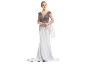 China Deep V Neck Sexy Ladies Backless Evening Dresses Cap Sleeve Sweep Train factory