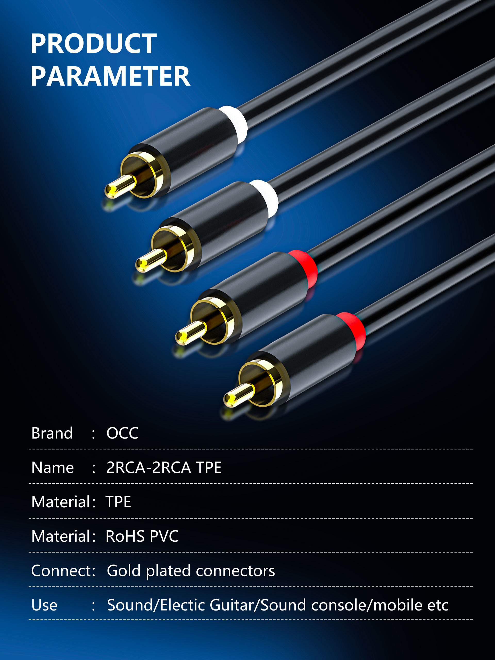 2RCA Male To 2RCA Male Gold Plated Audio Cable , Black 6 Ft 3.5 Mm Audio Cable