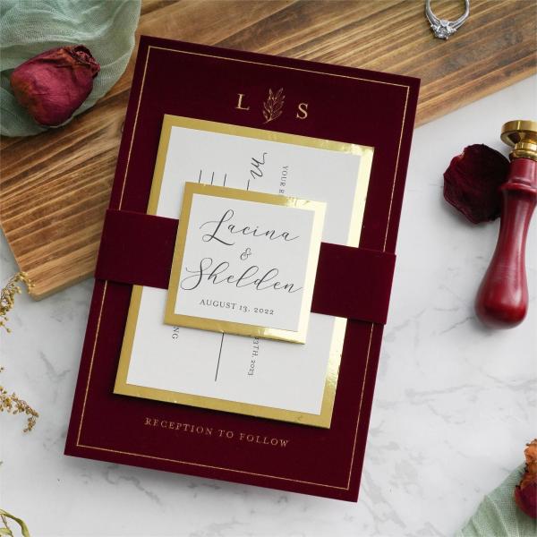 Wedding Invitation Cards Burgundy Velvet Envelope Gold Foil Print Velvet Wedding