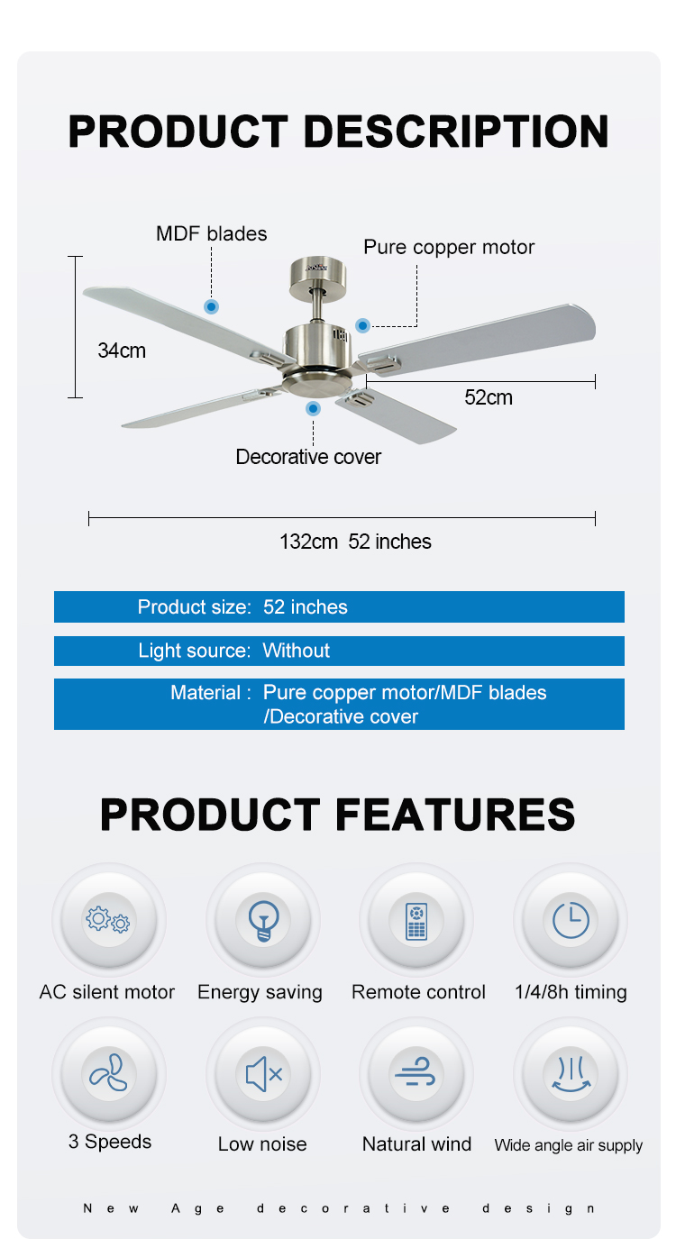 1stshine Ceiling Fan Timer 220V AC 3 Speeds Wall Control Low Noise for Rustic Style