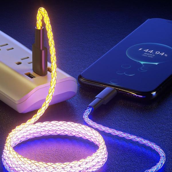Glowing Braided Charging Cable 1m Length Aluminum Connector Tangle-Free Black