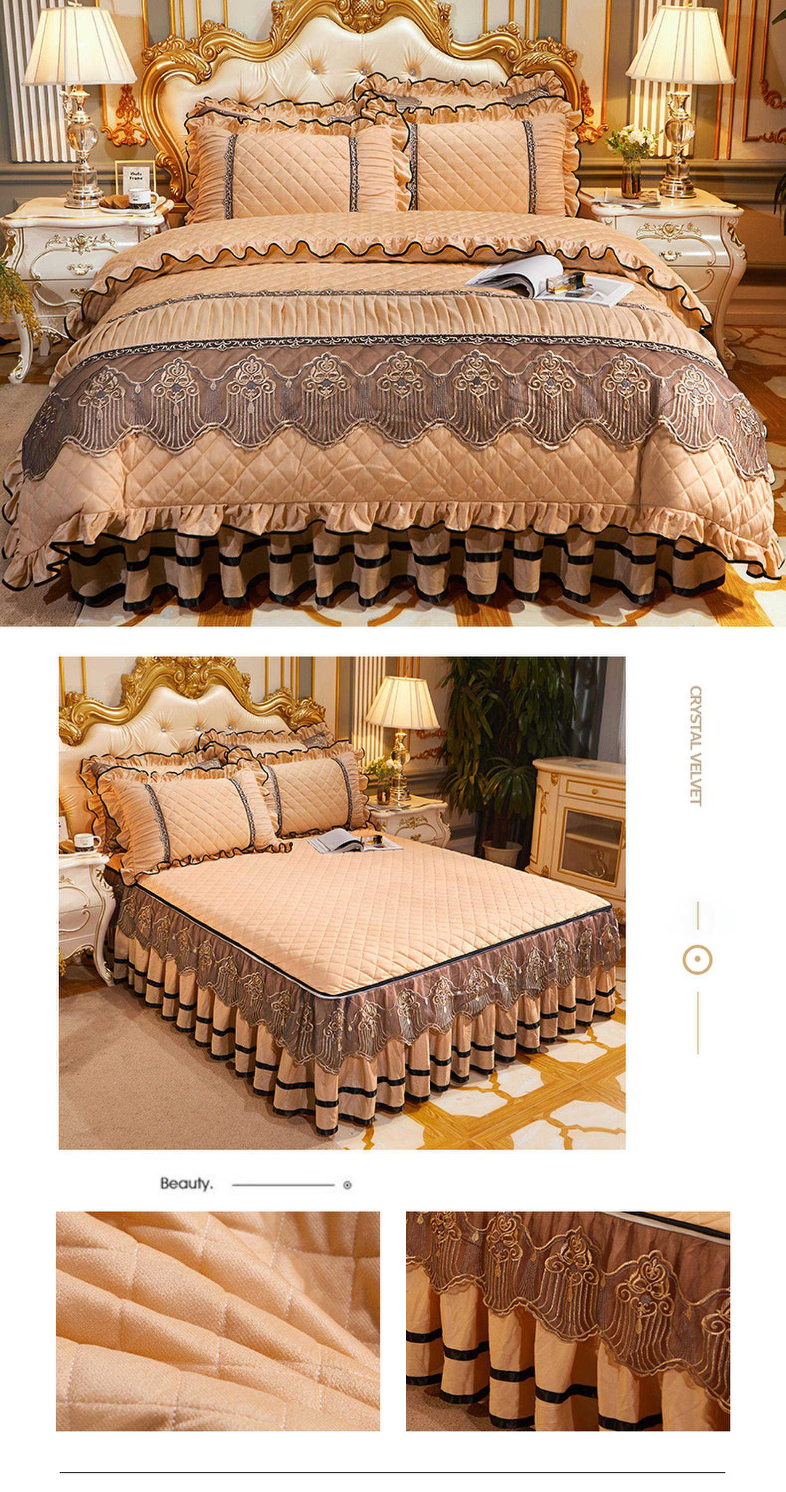 Wedding Four-piece Kit Bedding Set with Easy Care Fade-Free Embroidery Lace Bed Skirt