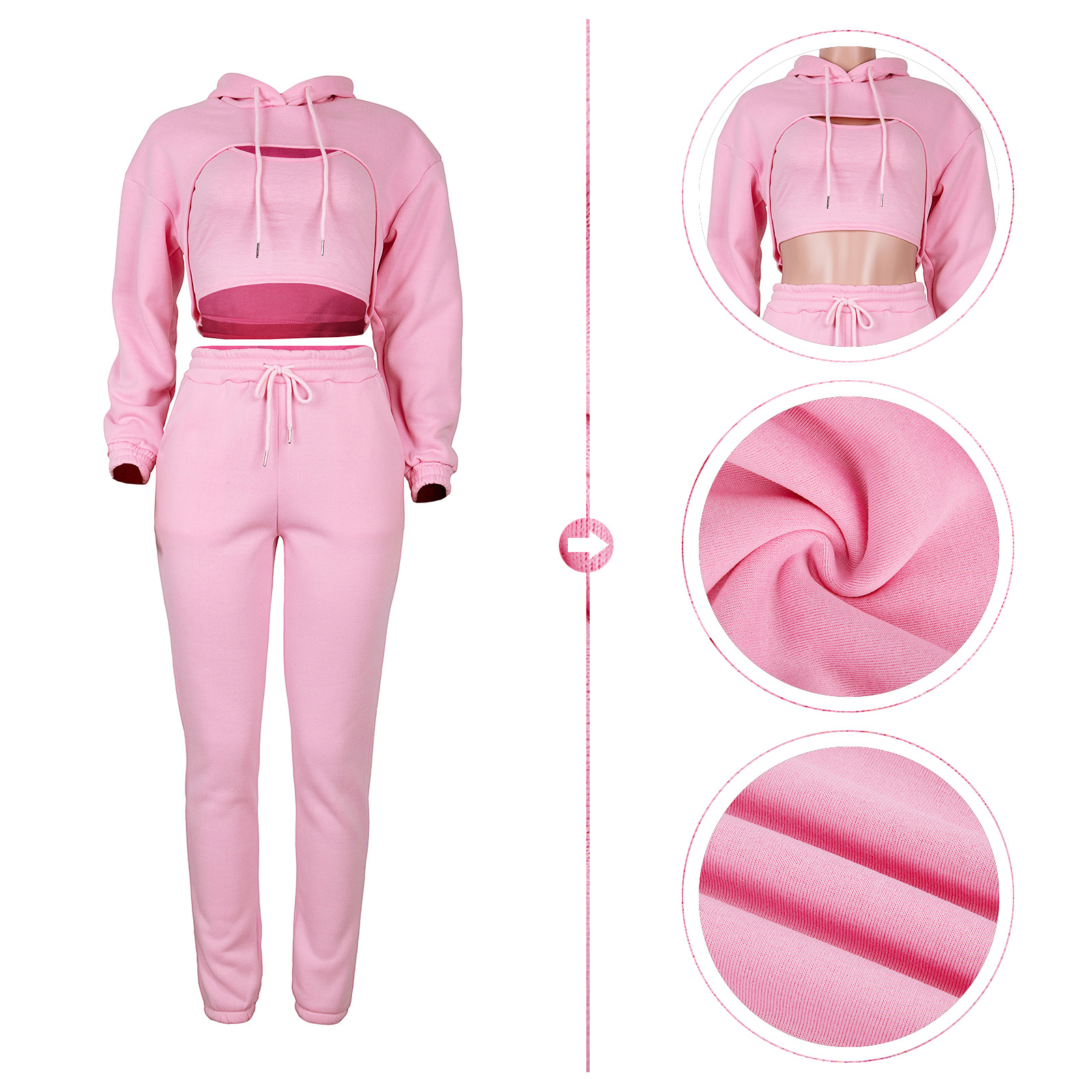 Printed Pink Women Tracksuits 3 Piece Set Crop Top Hoodie and Joggers Cropped Hoodies