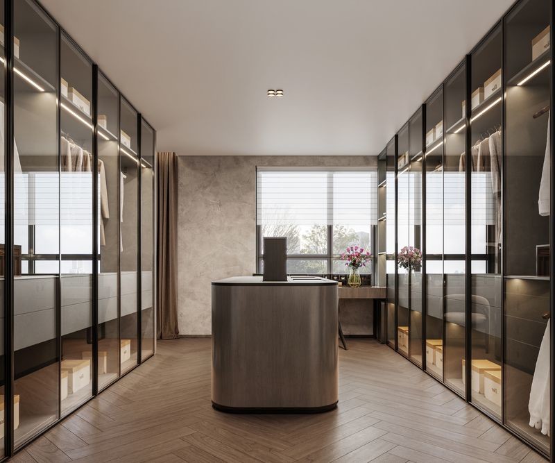 Fadior Custom Stainless Steel Walk-In Closet With Electric Lift Island And Ample Storage