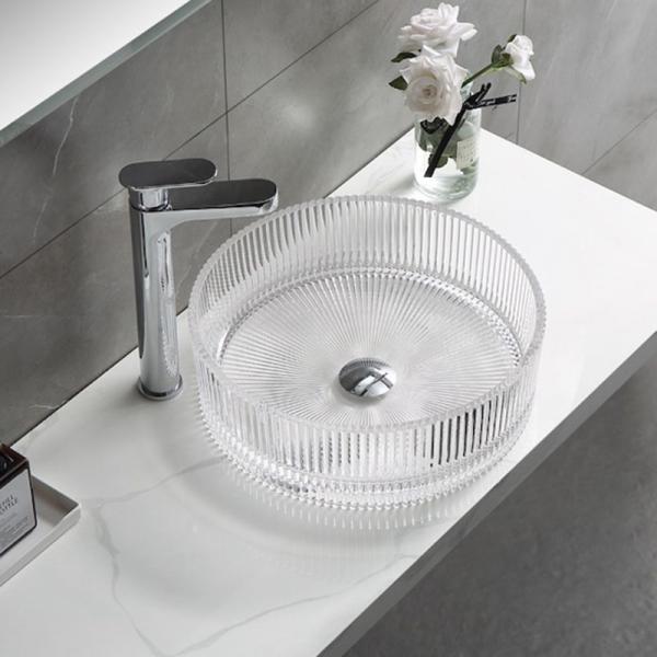 Modern Crystal Clear Glass Wash Basin Vertical Stripes Diecasting Bathroom Basin
