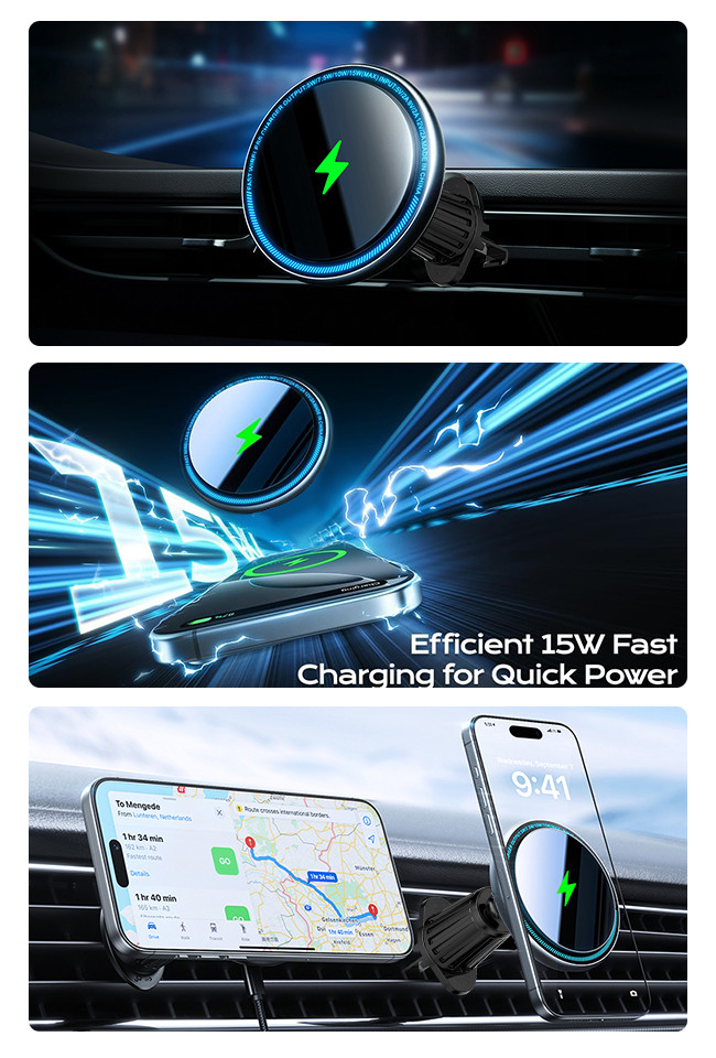 Metal Magnetic Wireless Charger Car Phone Holder With Running Light Character Light And Strong Magnetism For Automotive