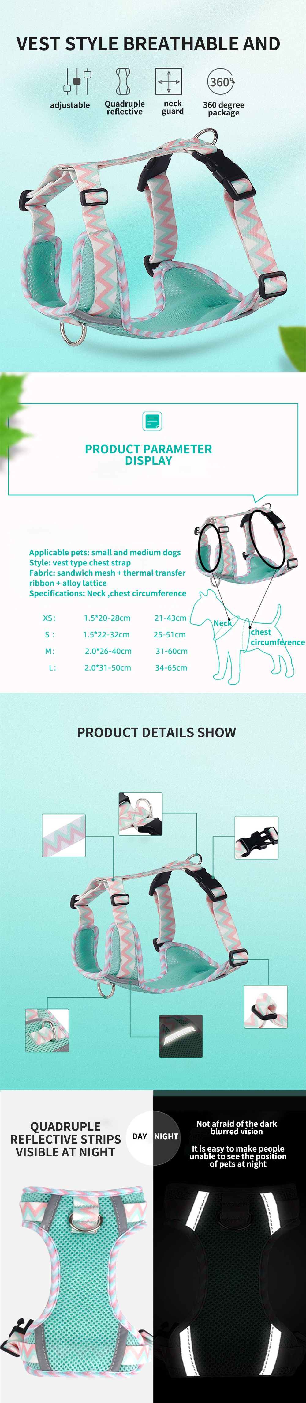 Dog Leash Vest Pet Harness Reflective Strip Dog Chain Supplies with Custom Logo and Padded Design