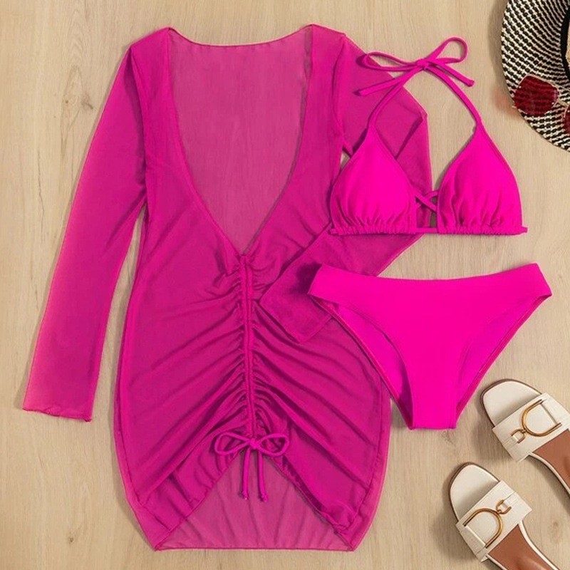 Wire Free Three Piece Swimwear Regular Thickness For Swimming Pure Color Green Pink Color Fashion In Stock Comfortable