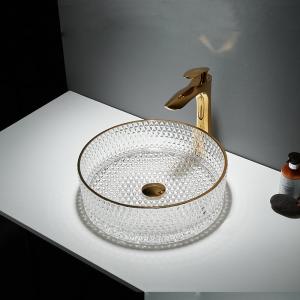 China Gold Edge Round Glass Wash Basin 45mm Bathroom Vessel Sink factory