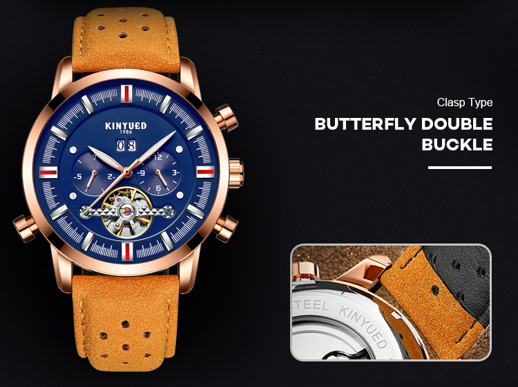 KINYUED J019-1 Gold Case Genuine Leather Auto Date Skeleton Tourbillon Automatic Mechanical Wristwatches