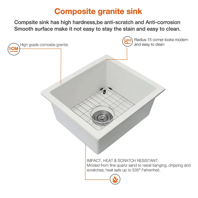 White Composite Quartz Undermount Kitchen Sink 635mm Length Without Faucet