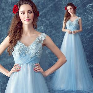 China Light Blue Appliques And Beaded Elegant Evening Dresses TSJY046 factory