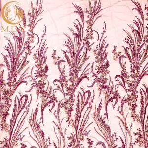 China Purple 3D Embroidery Lace Fabric 0.9144 Meter For Nigerian Wedding Dress factory