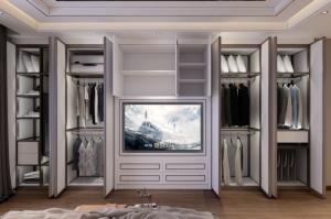 China Modern Black White Lines Full Height Wardrobe With Integrated TV And Superior Storage factory