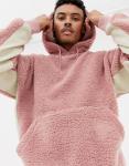 Pink Color Hooded Mens Sherpa Jacket With Pouch Pocket Machine Wash