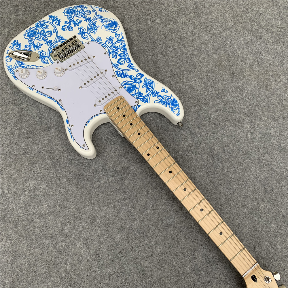High Quality blue and white porcelain electric guitar white guitar birthday present free shipping