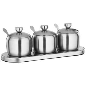 China Kitchen Stainless Steel Cookwares Sugar Bowl With Clear Lid 3 Serving Spoons factory