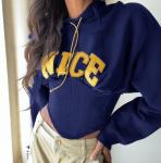 Cotton Blen Sports Team Hoodies Embroidery Women Crop Top Hoodie With Corset