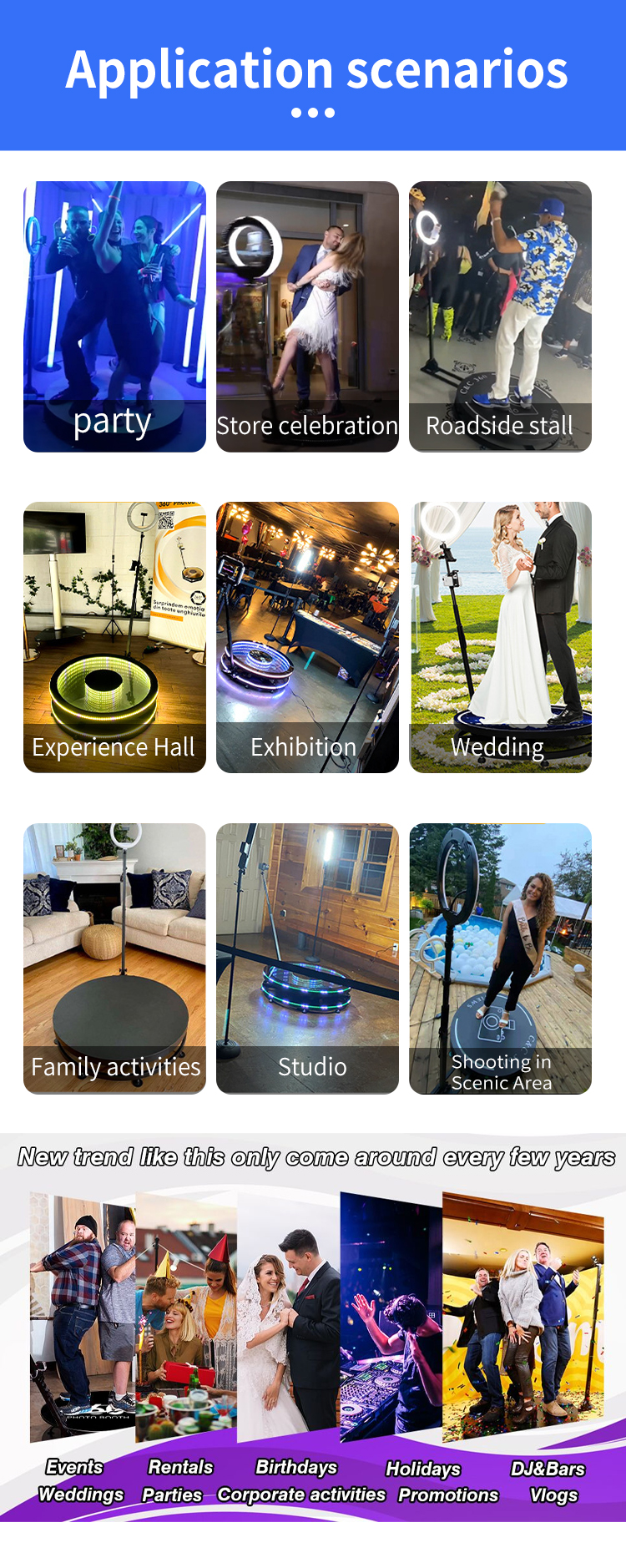 High Capacity 360 Photo Booth with Digital Backdrop Edit Software and Remote Control