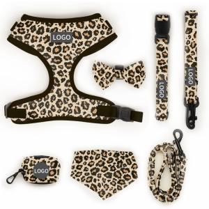 China Polyester Leopard Print Pet Harness Sets Logo Adjustable Collar Leash Mesh Dog Harness factory