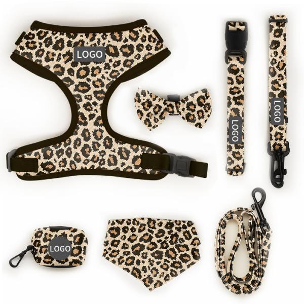 Polyester Leopard Print Pet Harness Sets Logo Adjustable Collar Leash Mesh Dog