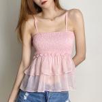 Pink Sexy Womens Summer Cami Tops Hem Mesh Spliced With Lotus Leaf Design