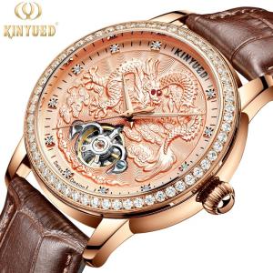 China KINYUED Hollow water proof Leather strap Mechanical movement men watches factory